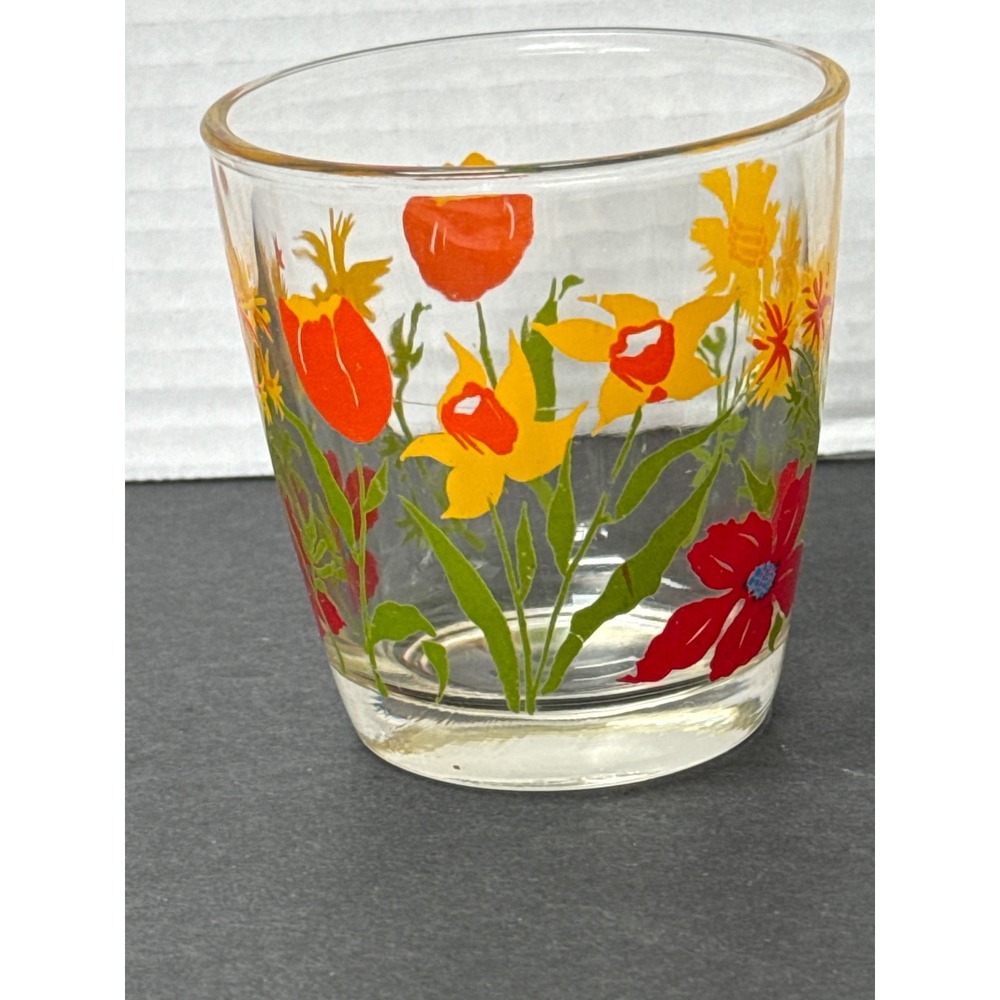 VTG Hazel Atlas Sour Cream/Juice Glass Red Poppies Yellow Daisy Orange Tulips - Picture 2 of 10